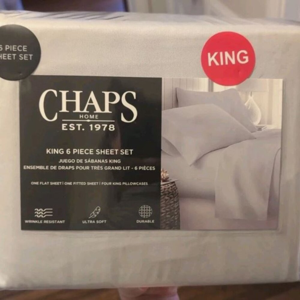 CHAPS by Ralph Lauren 6pc Light Grey King Sheet Set (Sheets & 4 Pillowcases) NEW